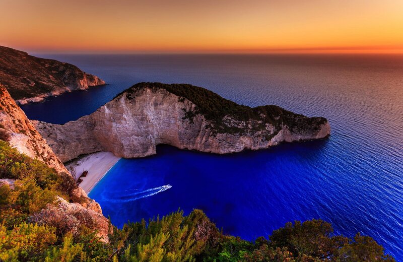 Shipwreck at Navagio Beach — Blue, Serene, Sunset