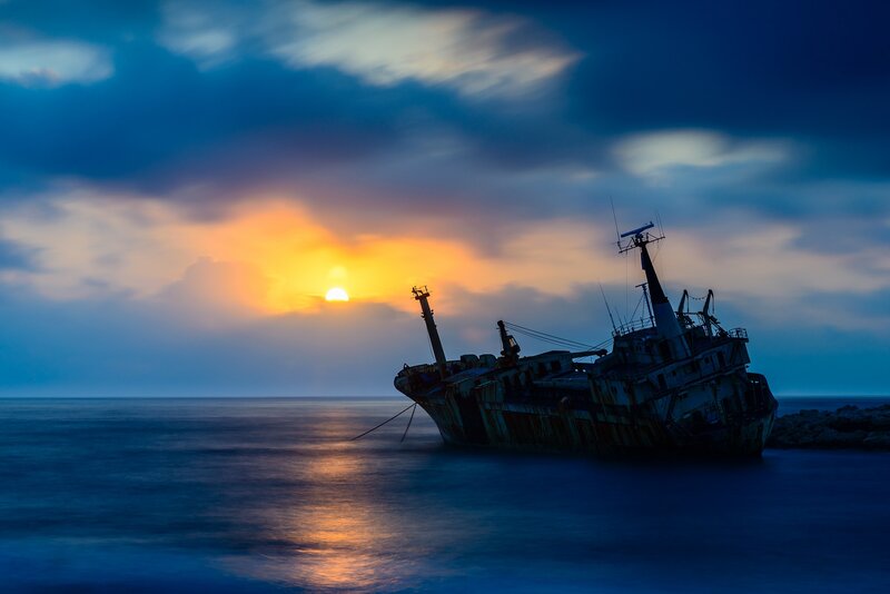 Shipwreck at Sunset — Blue, Dramatic, Photograph