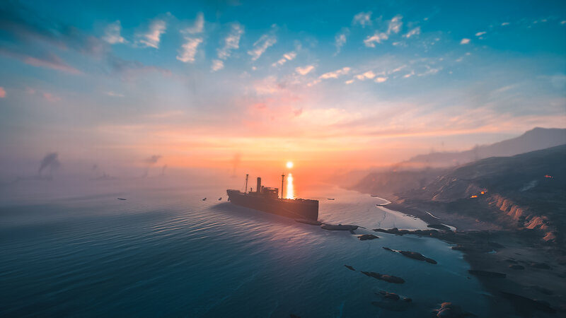 Shipwreck at Sunset — Blue, Dramatic