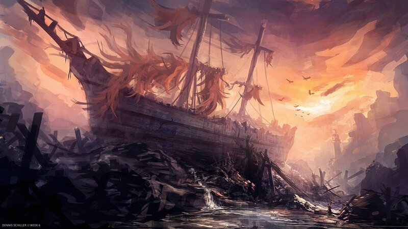 Shipwreck at Sunset — Orange, Dramatic, Digital Art
