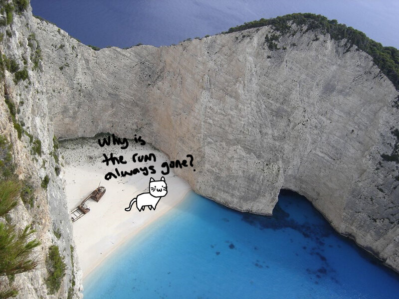 Shipwreck beach with cat meme