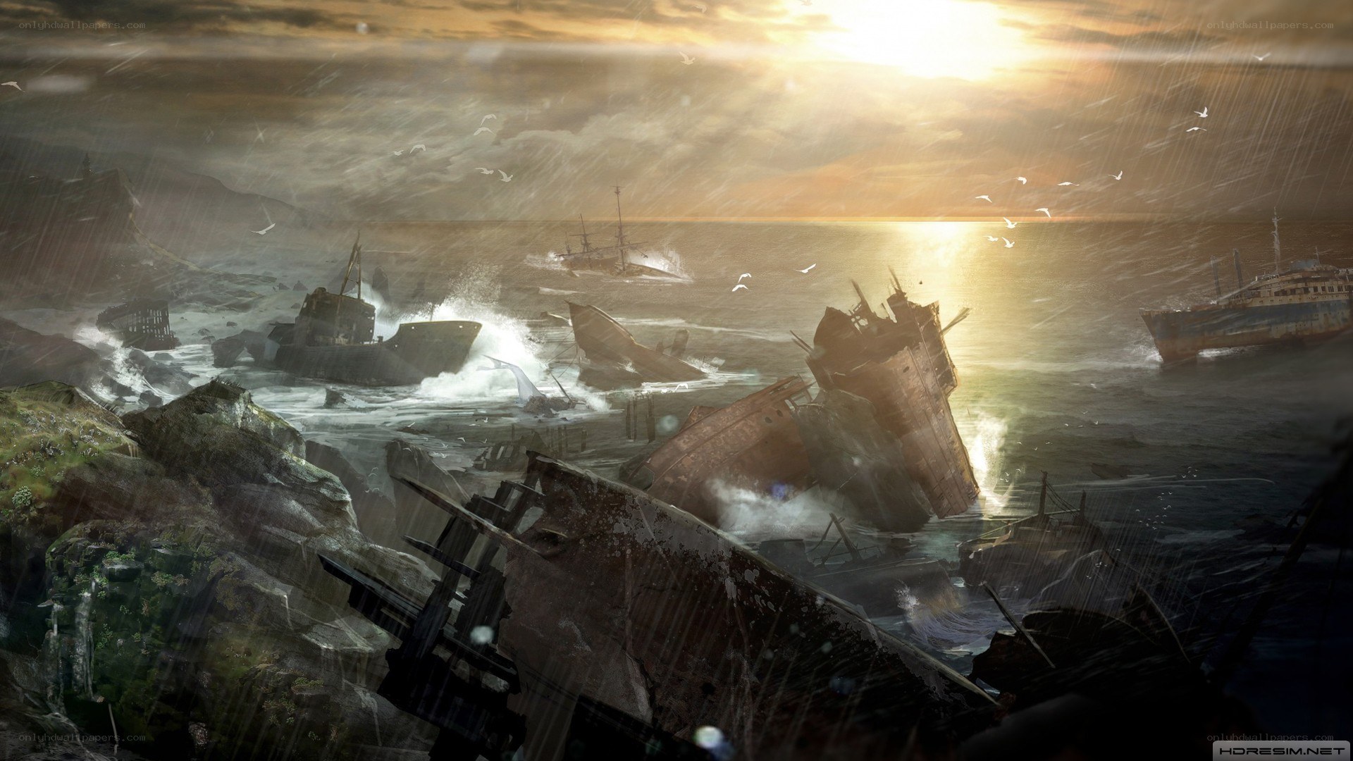 shipwreck graveyard at sunset