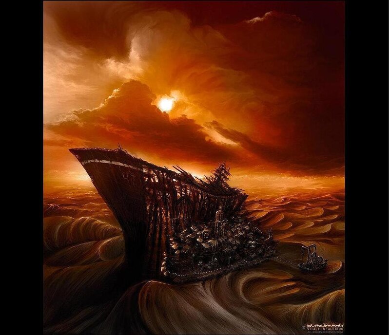 Shipwreck in a fiery sea