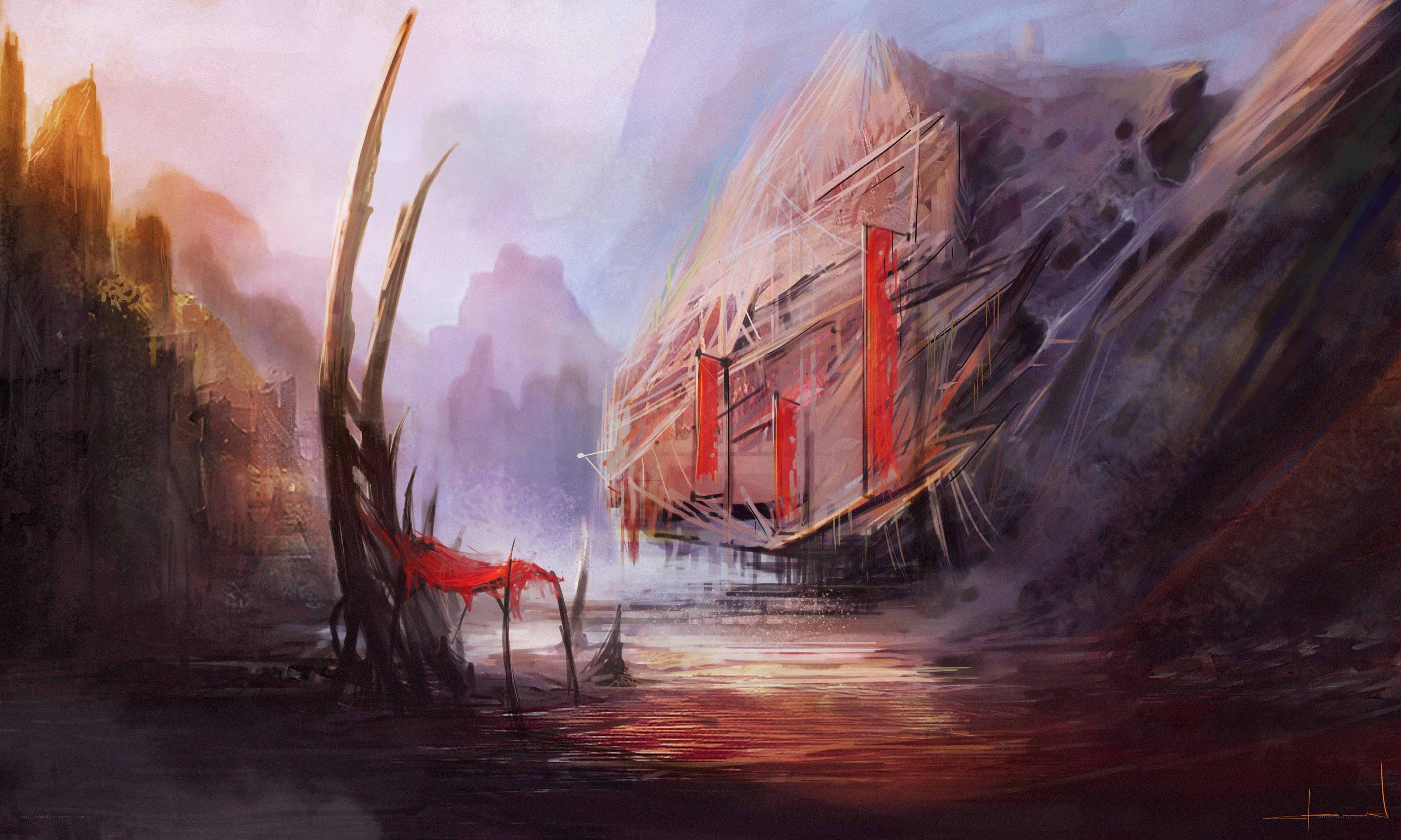shipwreck in a misty canyon
