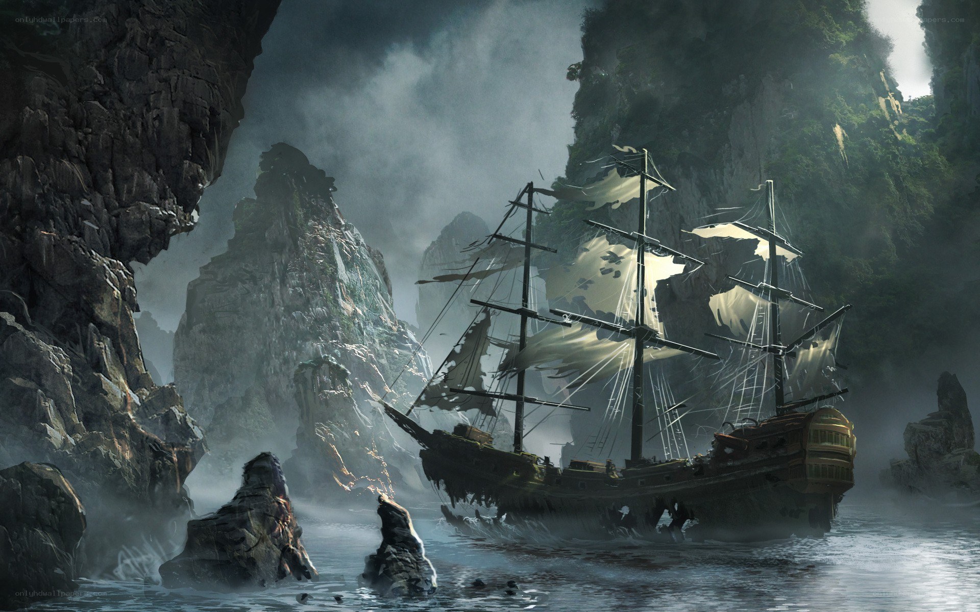 shipwreck in a misty cove