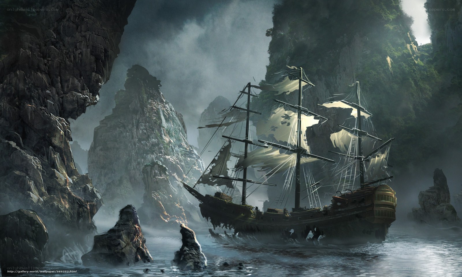 shipwreck in a misty cove