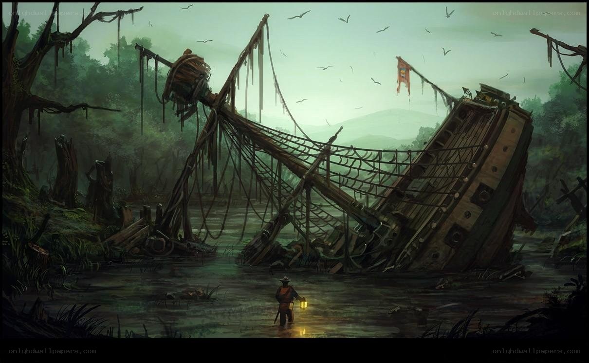 shipwreck in a swamp
