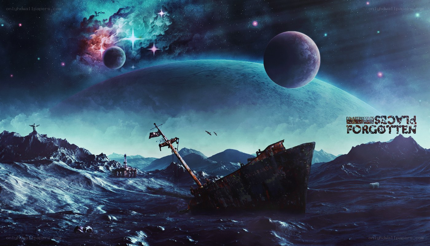 shipwreck in alien seascape