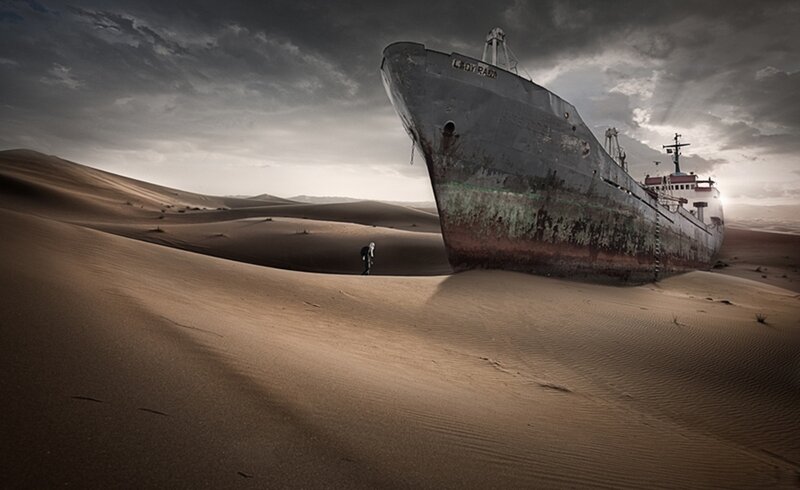 Shipwreck in Desert — Brown, Dramatic