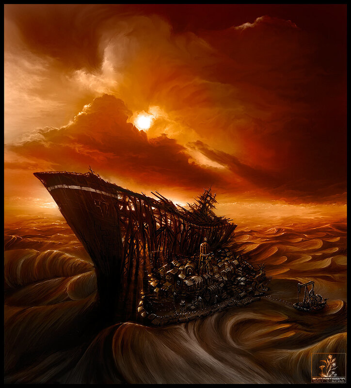 shipwreck in fiery sea