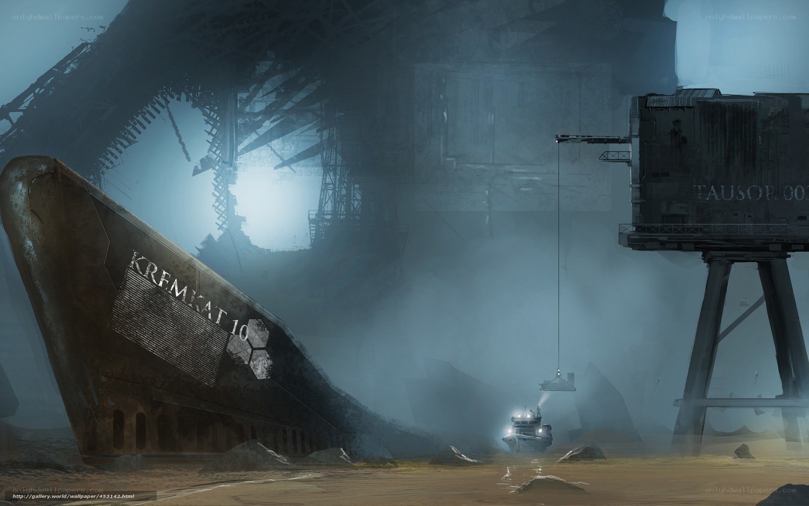 shipwreck in foggy harbor