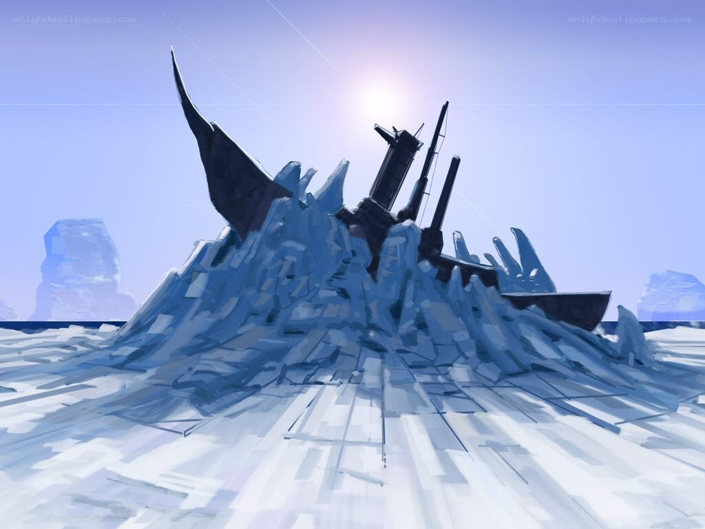 shipwreck in icy landscape