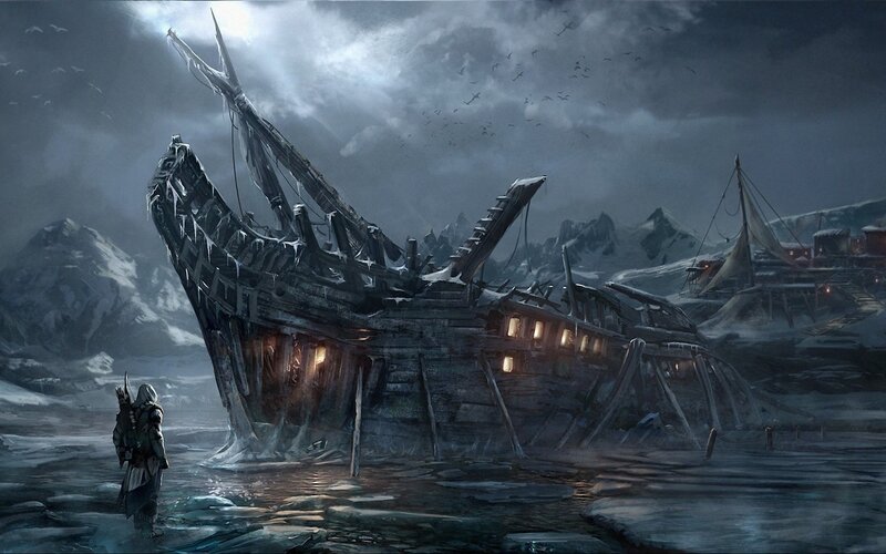 shipwreck in icy landscape