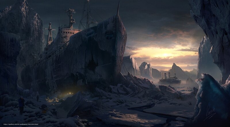 shipwreck in icy landscape