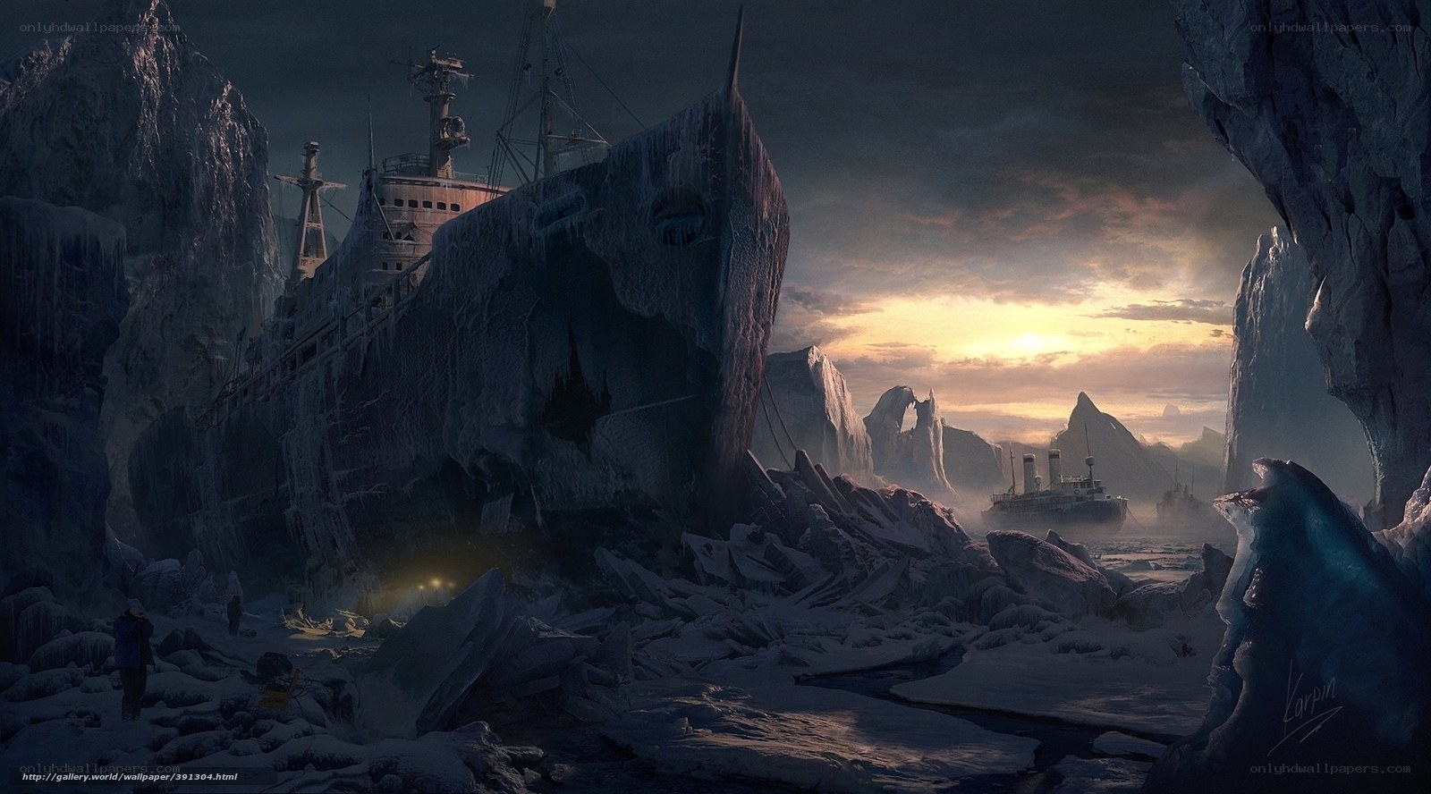 shipwreck in icy landscape