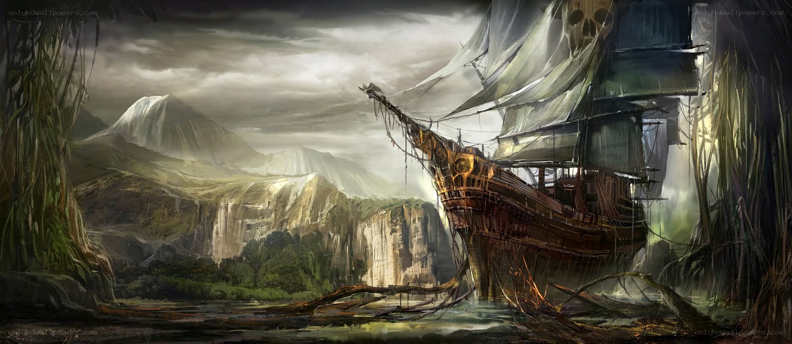 shipwreck in jungle river