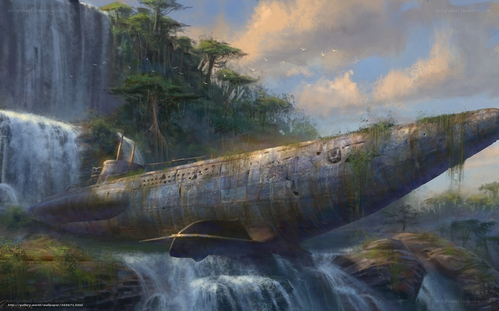 shipwreck in jungle waterfall
