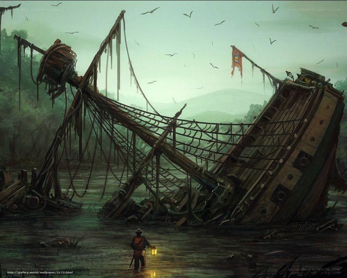 shipwreck in misty marsh