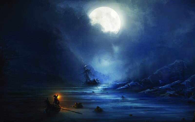 Shipwreck in Moonlight — Blue