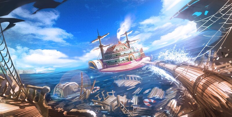 Shipwreck in Ocean — Blue, Dramatic, Afternoon, Anime