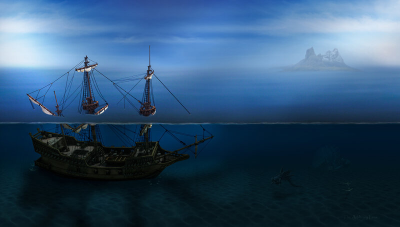 Shipwreck in Ocean — Blue, Dramatic, Digital Art