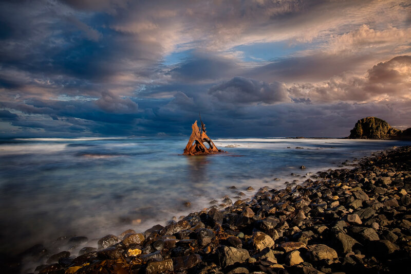 Shipwreck in Ocean — Blue, Dramatic, Sunset