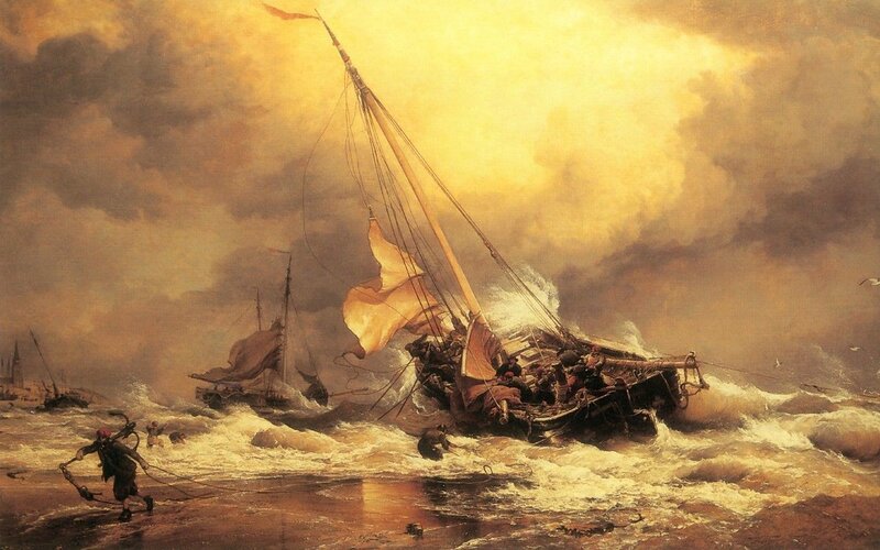 Shipwreck in Storm — Yellow, Dramatic, Sunset, Painting
