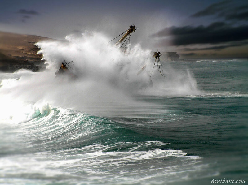 Shipwreck in stormy sea