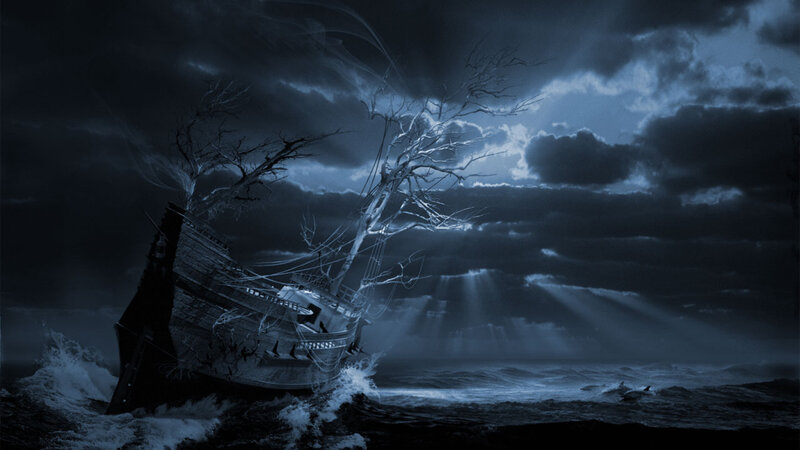 Shipwreck in Stormy Sea — Blue, Dramatic, Night