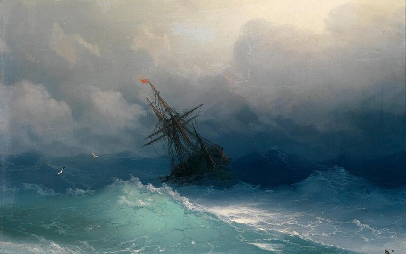 Shipwreck in Stormy Sea — Blue, Dramatic, Painting