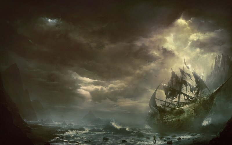 Shipwreck in Stormy Sea — Dark Gray