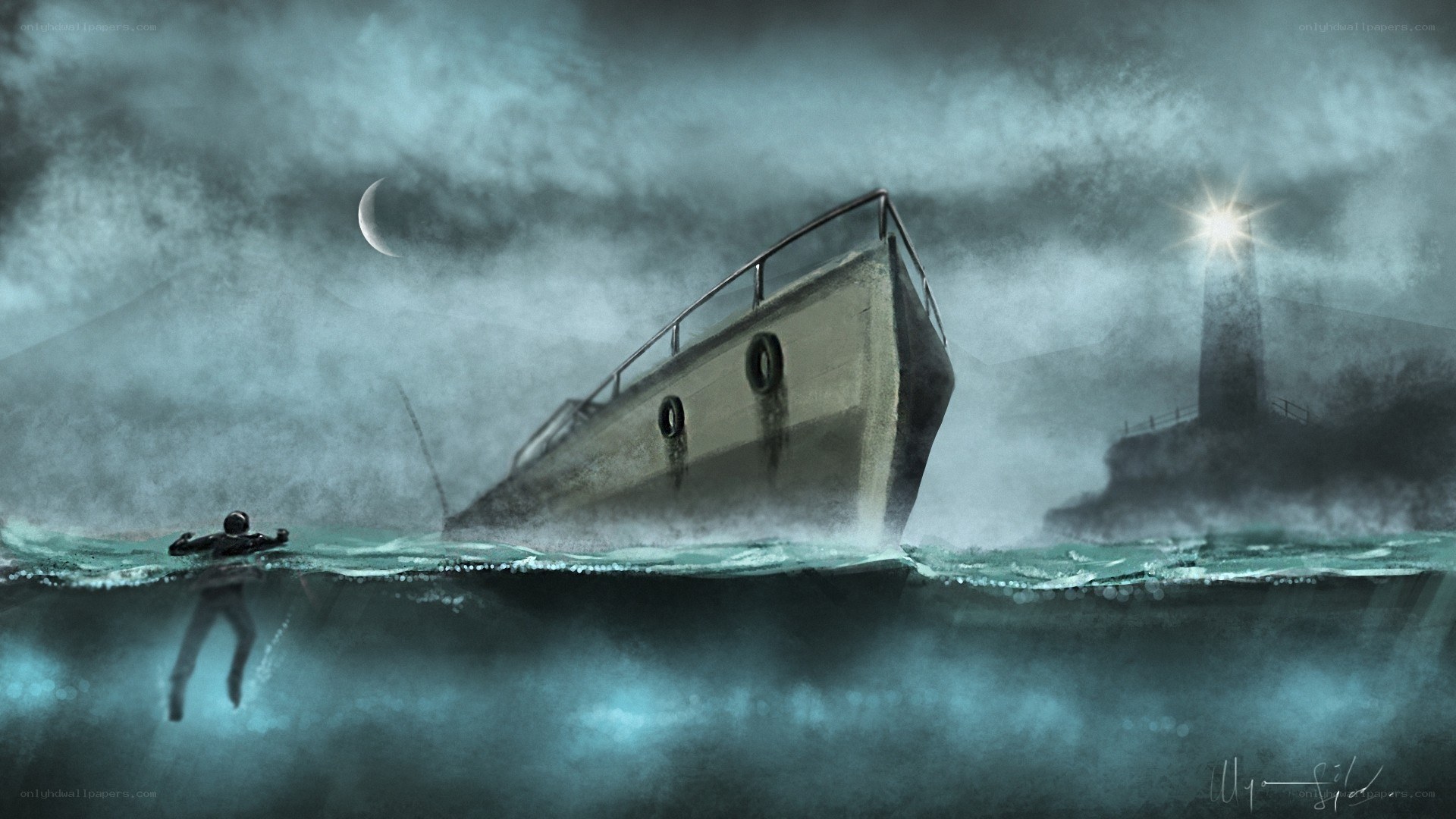Shipwreck near lighthouse