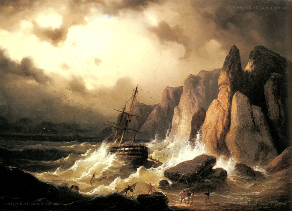 Shipwreck near rocky cliffs