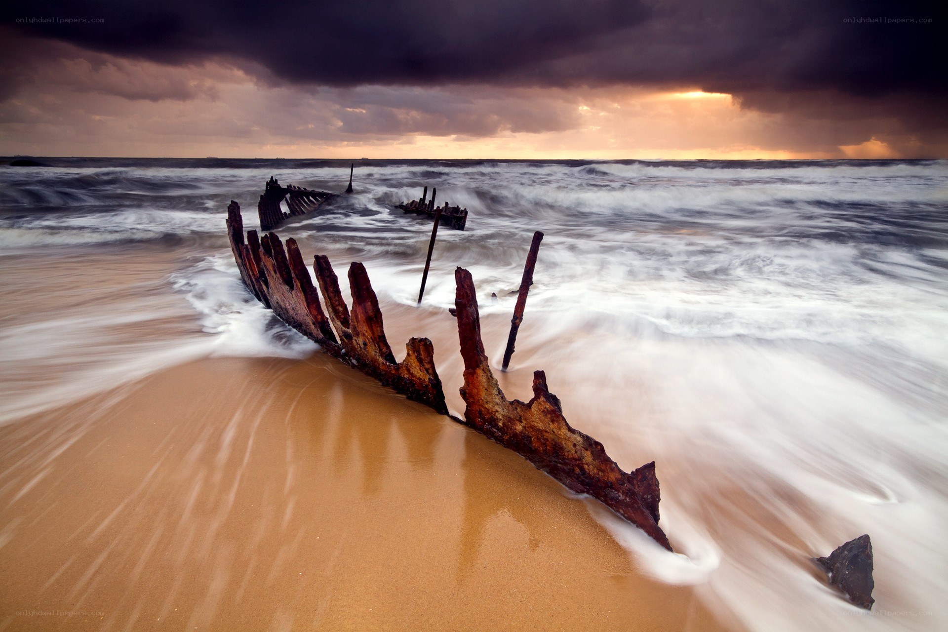 Shipwreck on a stormy beach
