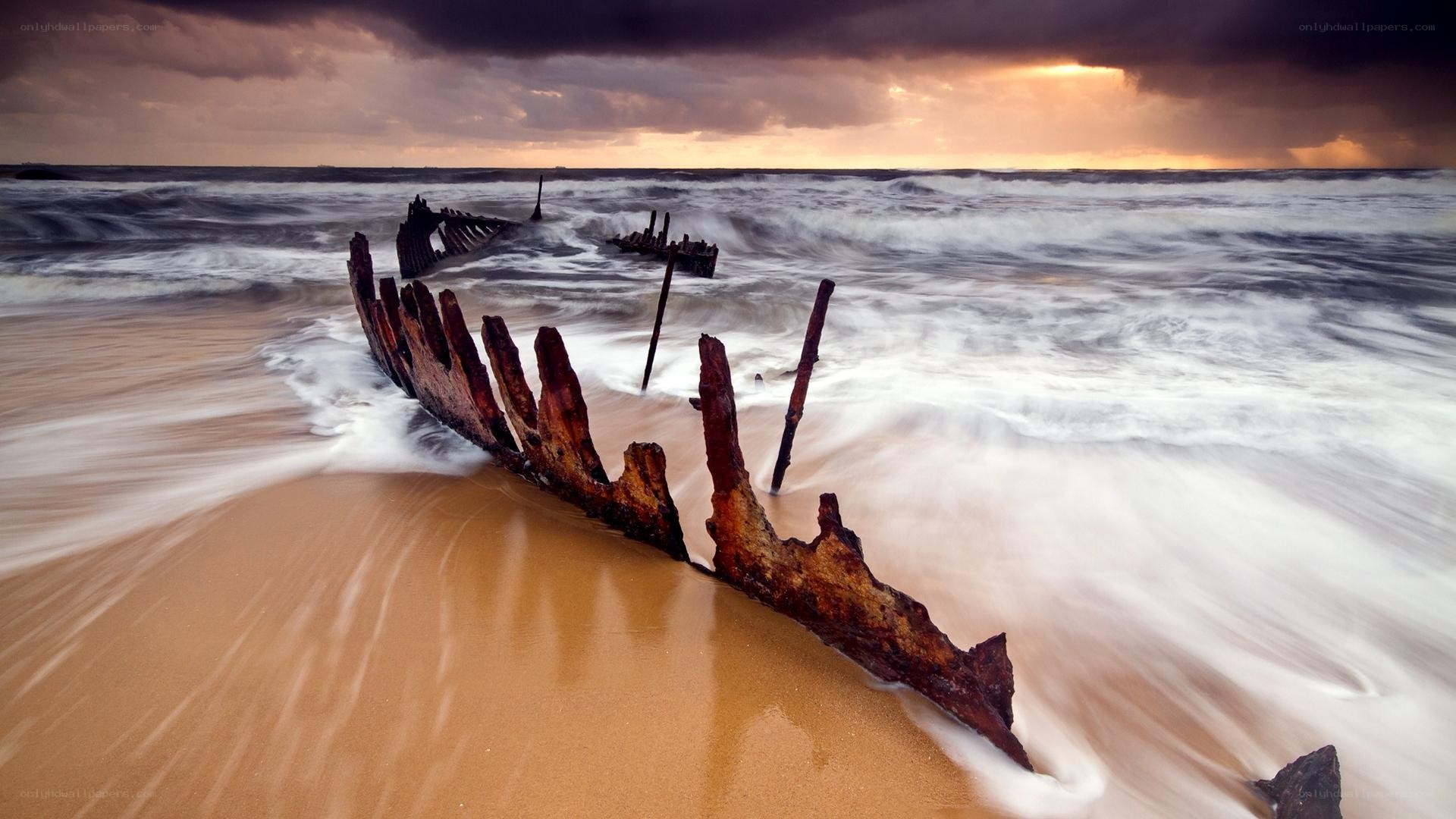 Shipwreck on a stormy beach
