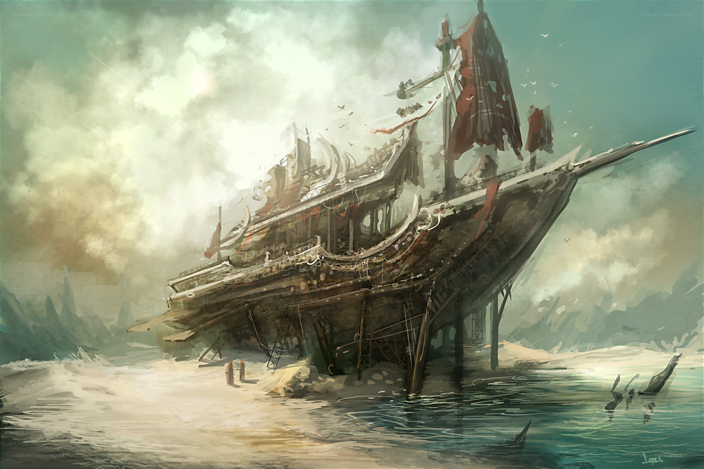 shipwreck on a stormy shore