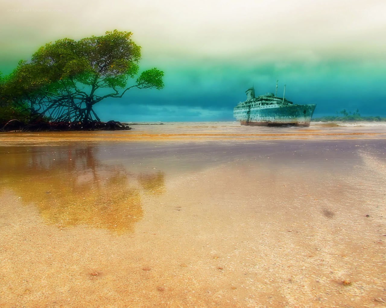 shipwreck on a tropical beach