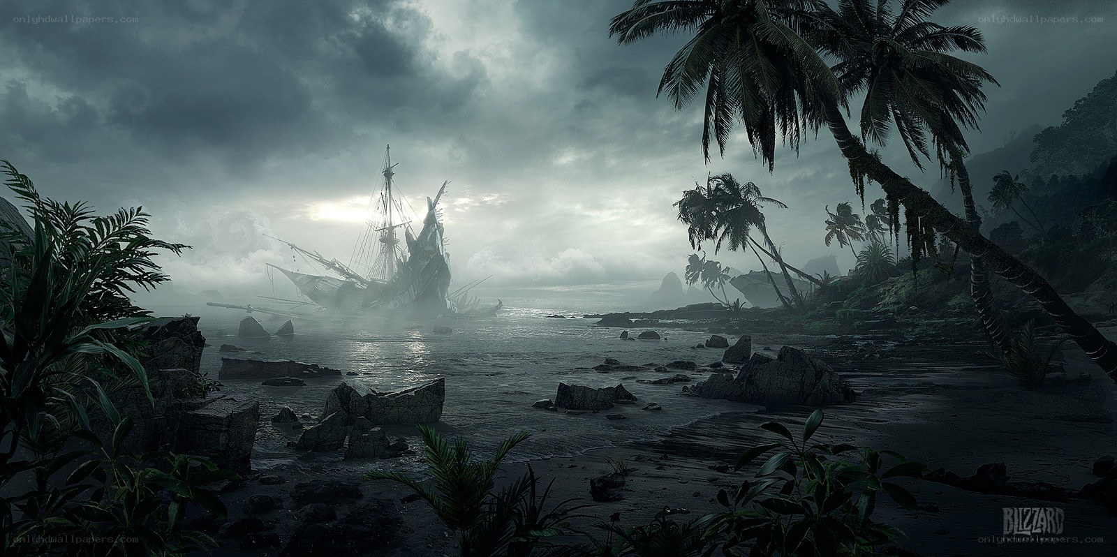 shipwreck on a tropical shore