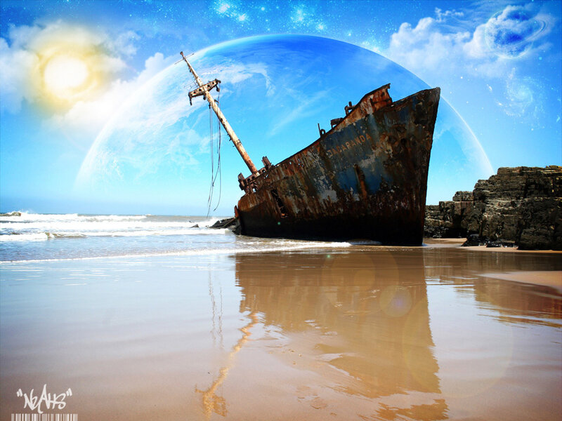 shipwreck on alien beach