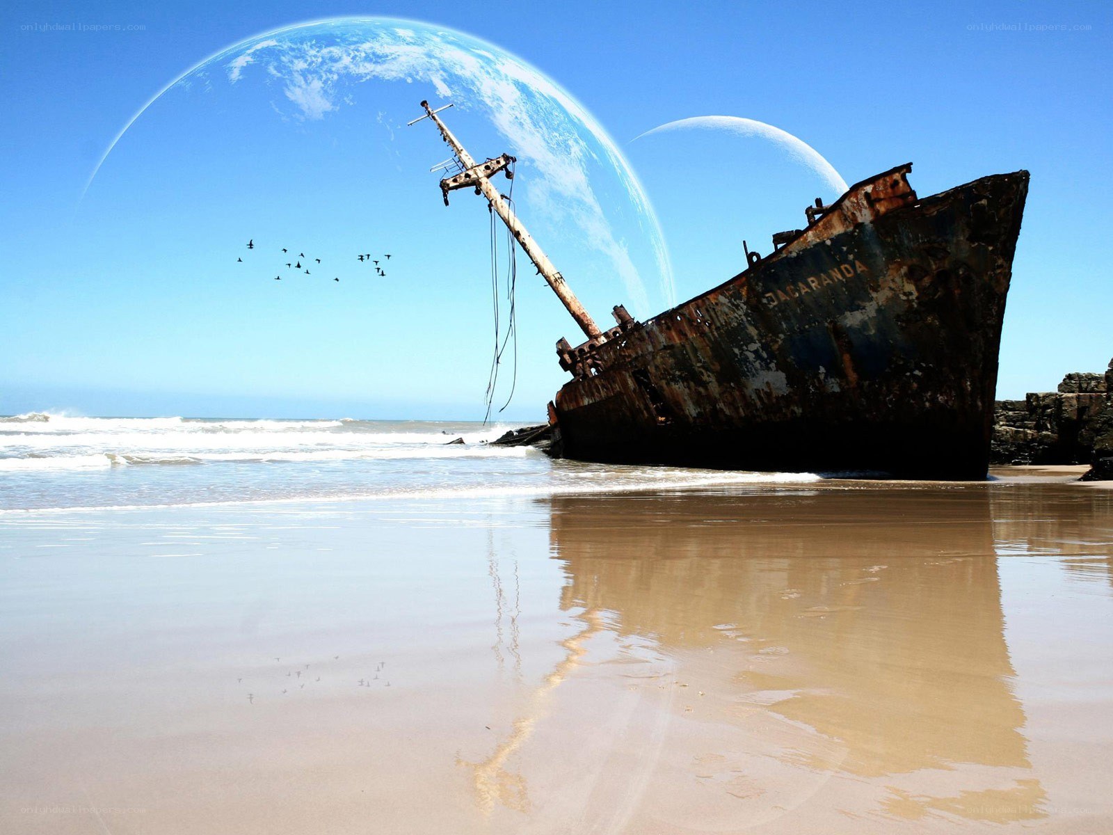 shipwreck on alien beach