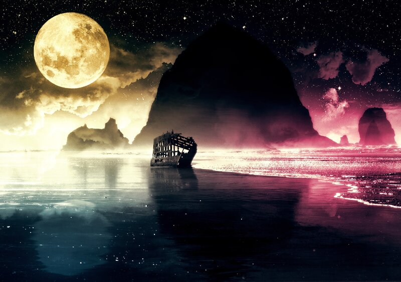 Shipwreck on Beach — Black, Dramatic
