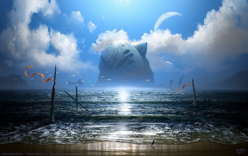 Shipwreck on Beach — Blue, Dramatic, Afternoon, Digital Art