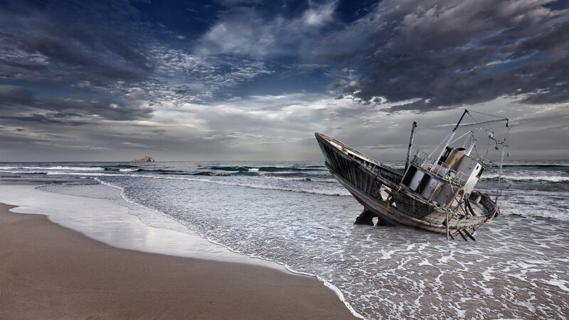 Shipwreck on Beach — Blue, Dramatic, Afternoon, Photograph, Boat