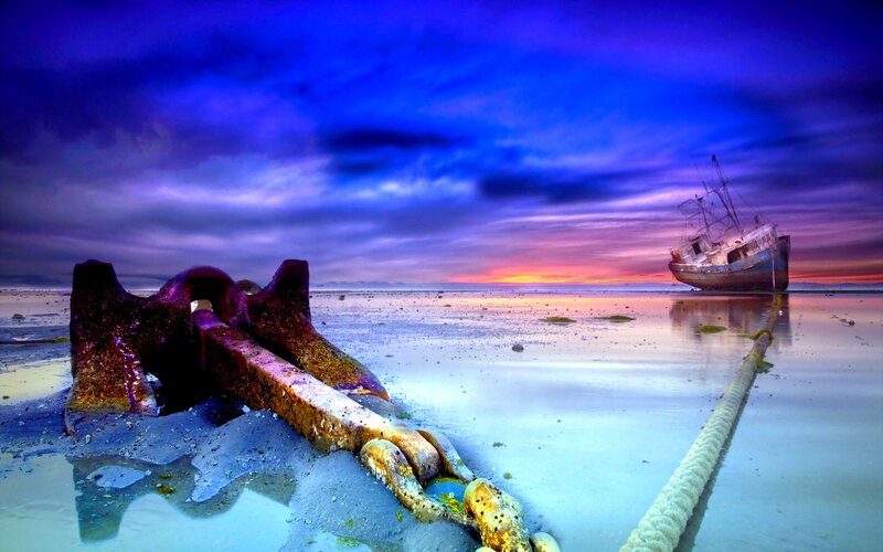 Shipwreck on Beach — Blue, Dramatic, Sunset, Photograph, Anchor