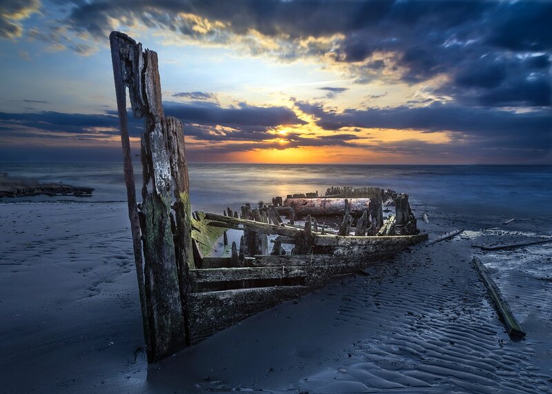 Shipwreck on Beach — Blue, Dramatic, Sunset, Photograph, Ocean
