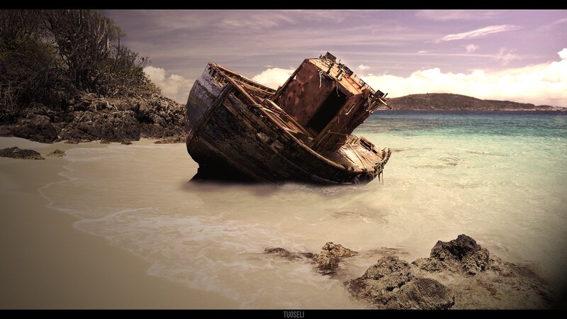 Shipwreck on Beach — Brown, Dramatic, Afternoon, Photograph