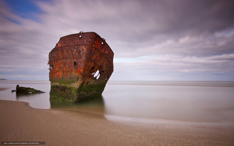 Shipwreck on Beach — Brown, Dramatic, Morning