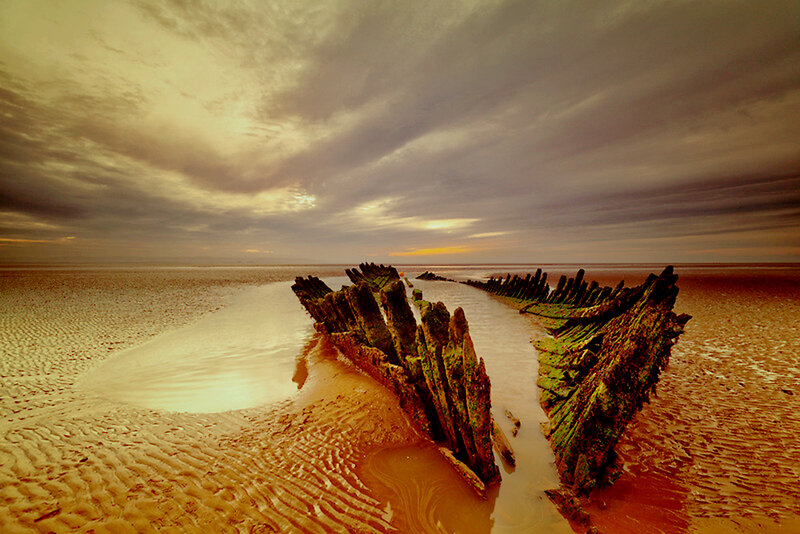 Shipwreck on Beach — Brown, Dramatic, Sunset, Photograph, Sky