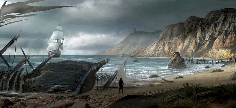 Shipwreck on Beach — Gray, Dramatic, Night