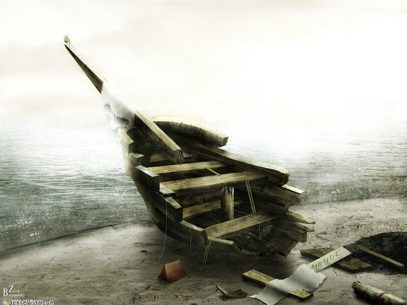 Shipwreck on Beach — Gray, Dramatic